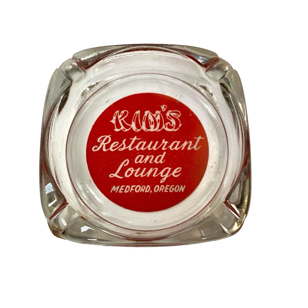 Vintage Glass Advertising Ashtray Red Clear Kim's Asian Restaurant Medford EUC